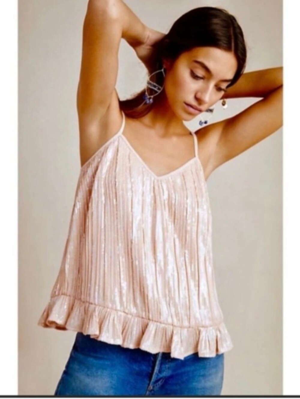 Anthropologie Amelie Sequin Shimmery Blush Pleated Ruffle Spaghetti Cami Top- 10 - Picture 3 of 14